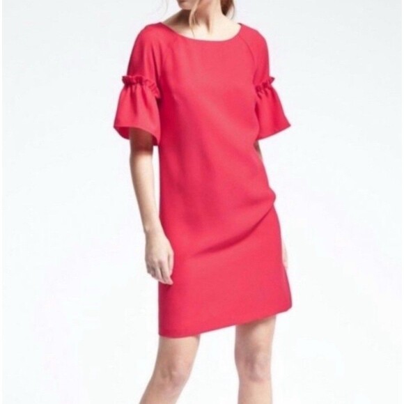 Banana Republic Womens Dress Size M Red Coral Short Ruffle Sleeve Pullover - Picture 1 of 10